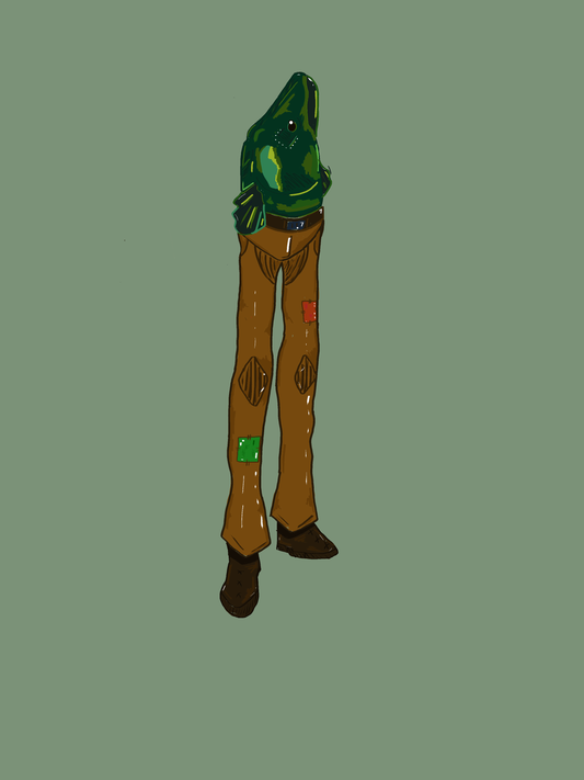 Illustrated Salmon Man character with a salmon head, brown pants and boots